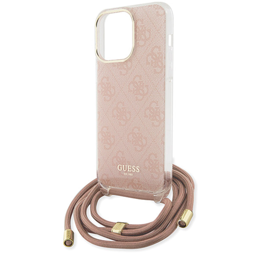 Husa pentru Apple iPhone 16, Guess, Crossbody Cord 4G Print, Roz