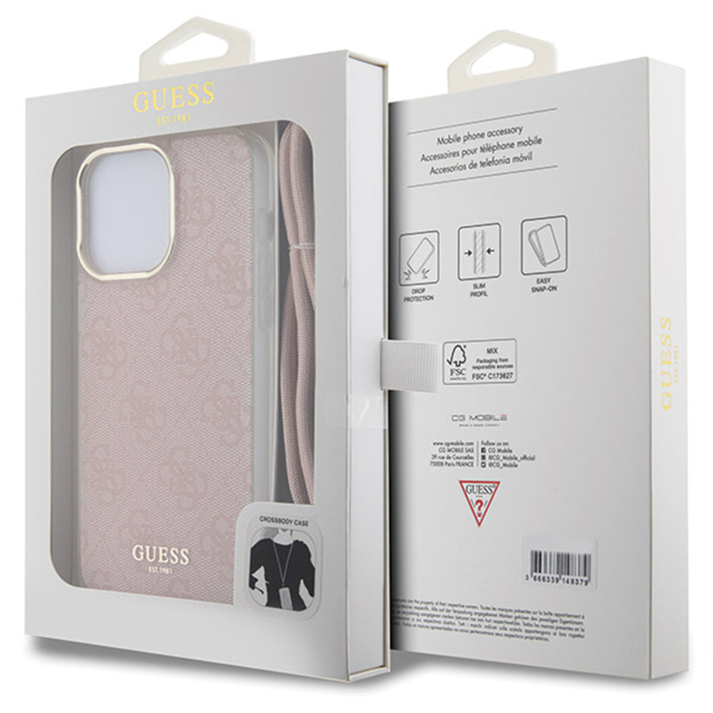 Husa pentru Apple iPhone 16, Guess, Crossbody Cord 4G Print, Roz