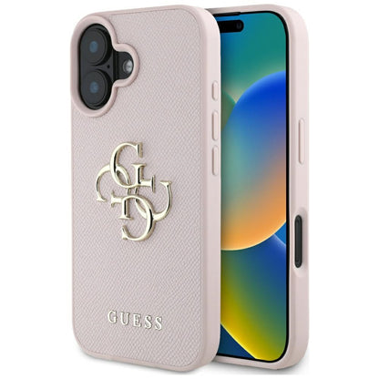 Husa pentru Apple iPhone 16, Guess, Grained Big 4G Logo Small Classic Logo, Roz