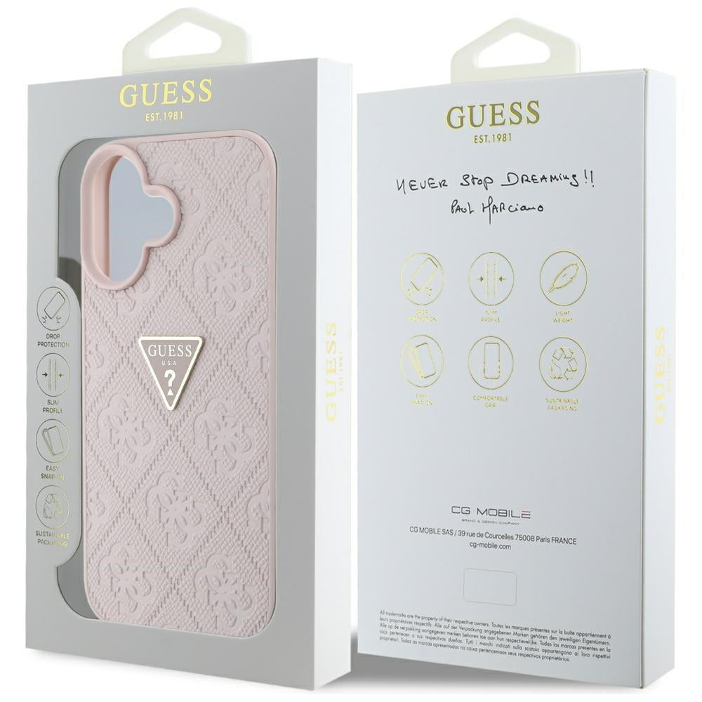 Husa pentru Apple iPhone 16, Guess, Hot Stamp 4G Pattern Triangle Logo, Roz