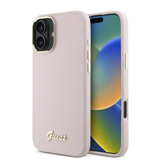 Husa pentru Apple iPhone 16, Guess, Script Metal Logo & Frame, Roz
