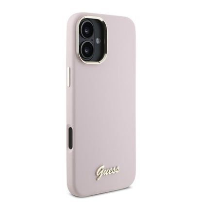 Husa pentru Apple iPhone 16, Guess, Script Metal Logo & Frame, Roz