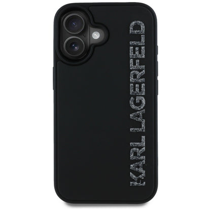 Husa pentru Apple iPhone 16, Karl Lagerfeld, 3D Rubber Elongated Gliiter Logo, Neagra