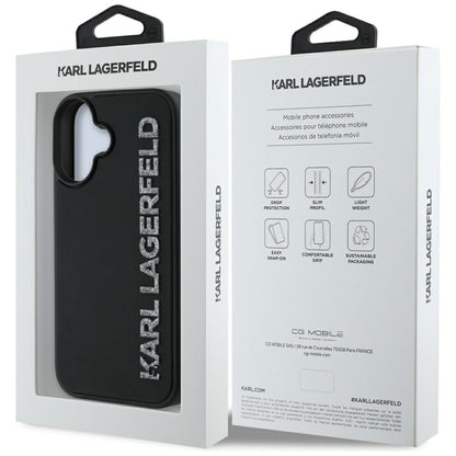 Husa pentru Apple iPhone 16, Karl Lagerfeld, 3D Rubber Elongated Gliiter Logo, Neagra