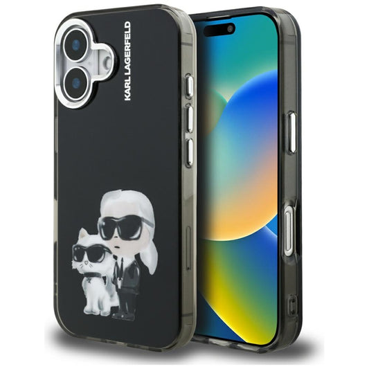 Husa pentru Apple iPhone 16, Karl Lagerfeld, IML Aquarelle Logo Karl & Choupette, Neagra