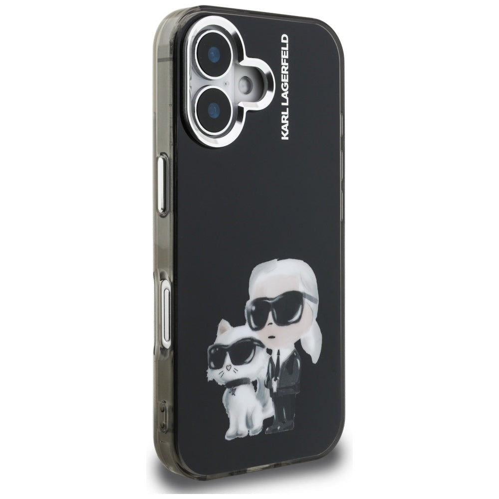 Husa pentru Apple iPhone 16, Karl Lagerfeld, IML Aquarelle Logo Karl & Choupette, Neagra