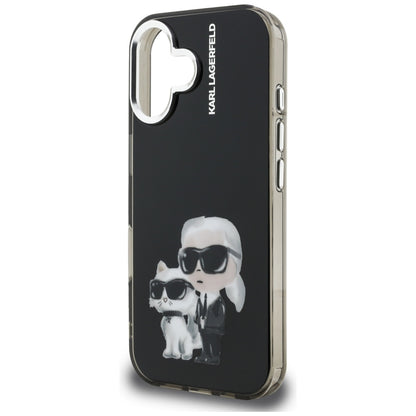 Husa pentru Apple iPhone 16, Karl Lagerfeld, IML Aquarelle Logo Karl & Choupette, Neagra