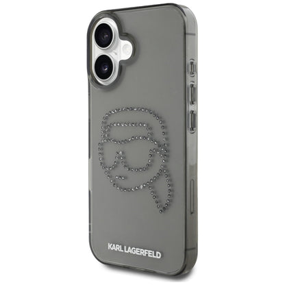 Husa pentru Apple iPhone 16, Karl Lagerfeld, IML Rhinestones Karl's Head, Neagra