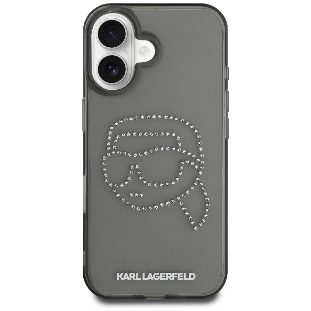 Husa pentru Apple iPhone 16, Karl Lagerfeld, IML Rhinestones Karl's Head, Neagra