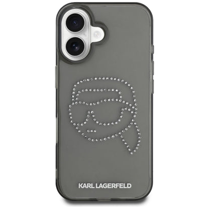 Husa pentru Apple iPhone 16, Karl Lagerfeld, IML Rhinestones Karl's Head, Neagra