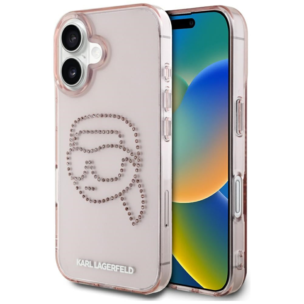 Husa pentru Apple iPhone 16, Karl Lagerfeld, IML Rhinestones Karl's Head, Roz