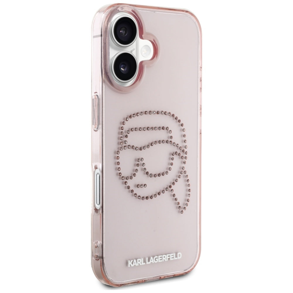 Husa pentru Apple iPhone 16, Karl Lagerfeld, IML Rhinestones Karl's Head, Roz