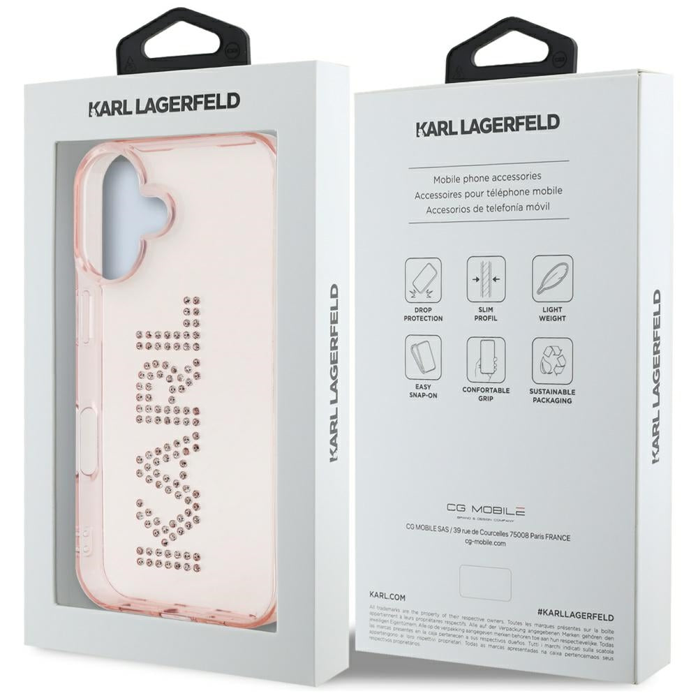 Husa pentru Apple iPhone 16, Karl Lagerfeld, IML Rhinestones Pink Logo, Roz