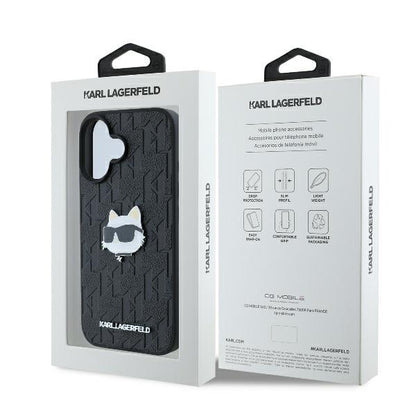 Husa pentru Apple iPhone 16, Karl Lagerfeld, Monogram Choupette's Head, Neagra
