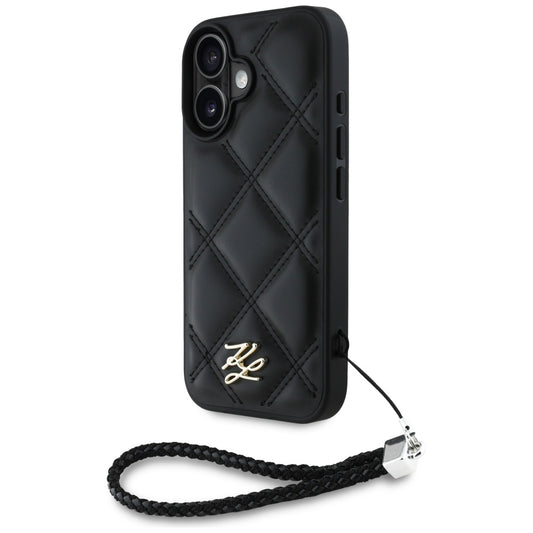 Husa pentru Apple iPhone 16, Karl Lagerfeld, Quilted Initial Logo & Chain Strap, Neagra