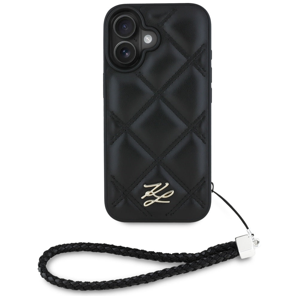 Husa pentru Apple iPhone 16, Karl Lagerfeld, Quilted Initial Logo & Chain Strap, Neagra