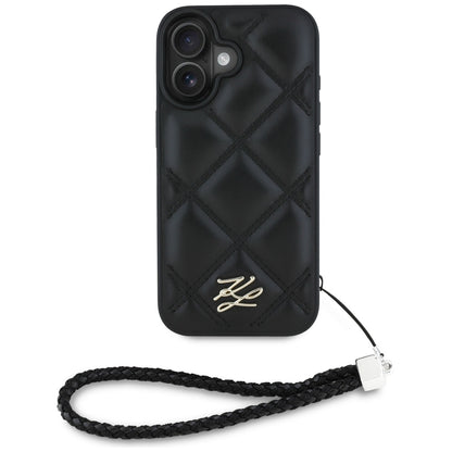 Husa pentru Apple iPhone 16, Karl Lagerfeld, Quilted Initial Logo & Chain Strap, Neagra