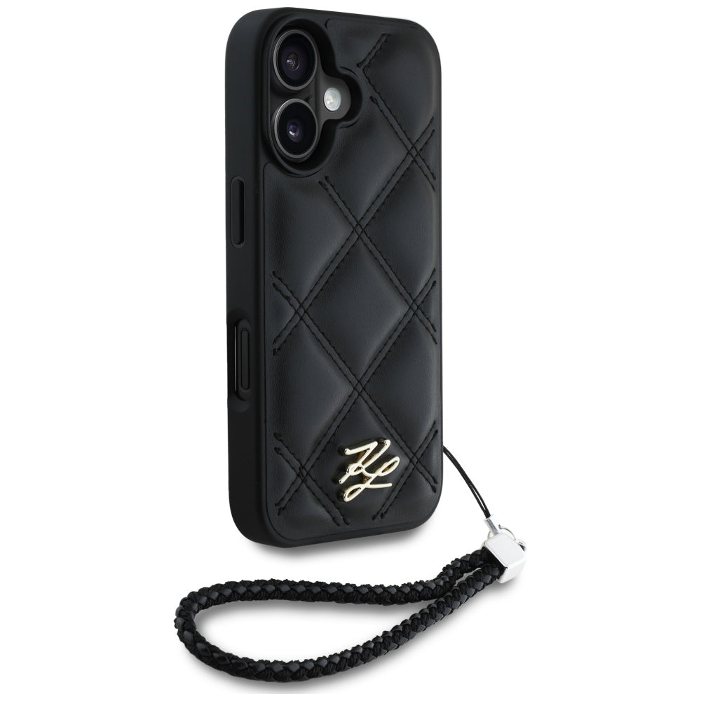Husa pentru Apple iPhone 16, Karl Lagerfeld, Quilted Initial Logo & Chain Strap, Neagra