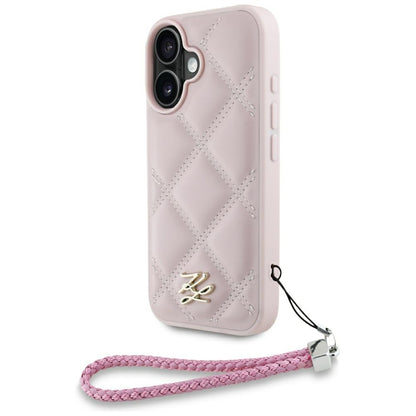 Husa pentru Apple iPhone 16, Karl Lagerfeld, Quilted Initial Logo & Chain Strap, Roz