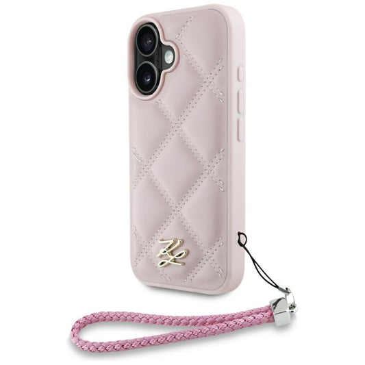 Husa pentru Apple iPhone 16, Karl Lagerfeld, Quilted Initial Logo & Chain Strap, Roz