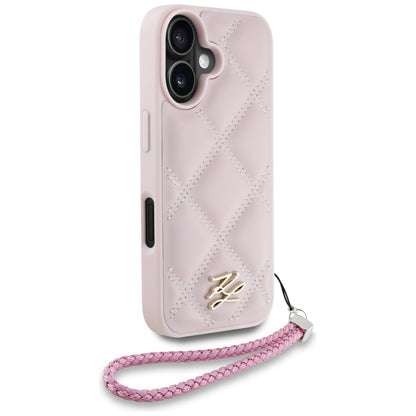 Husa pentru Apple iPhone 16, Karl Lagerfeld, Quilted Initial Logo & Chain Strap, Roz