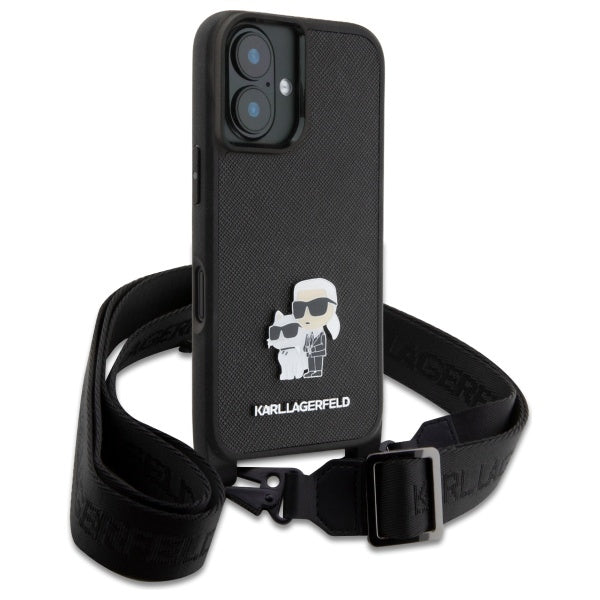 Husa pentru Apple iPhone 16, Karl Lagerfeld, Saffiano Crossbody Metal Pin Karl & Choupette, Alba