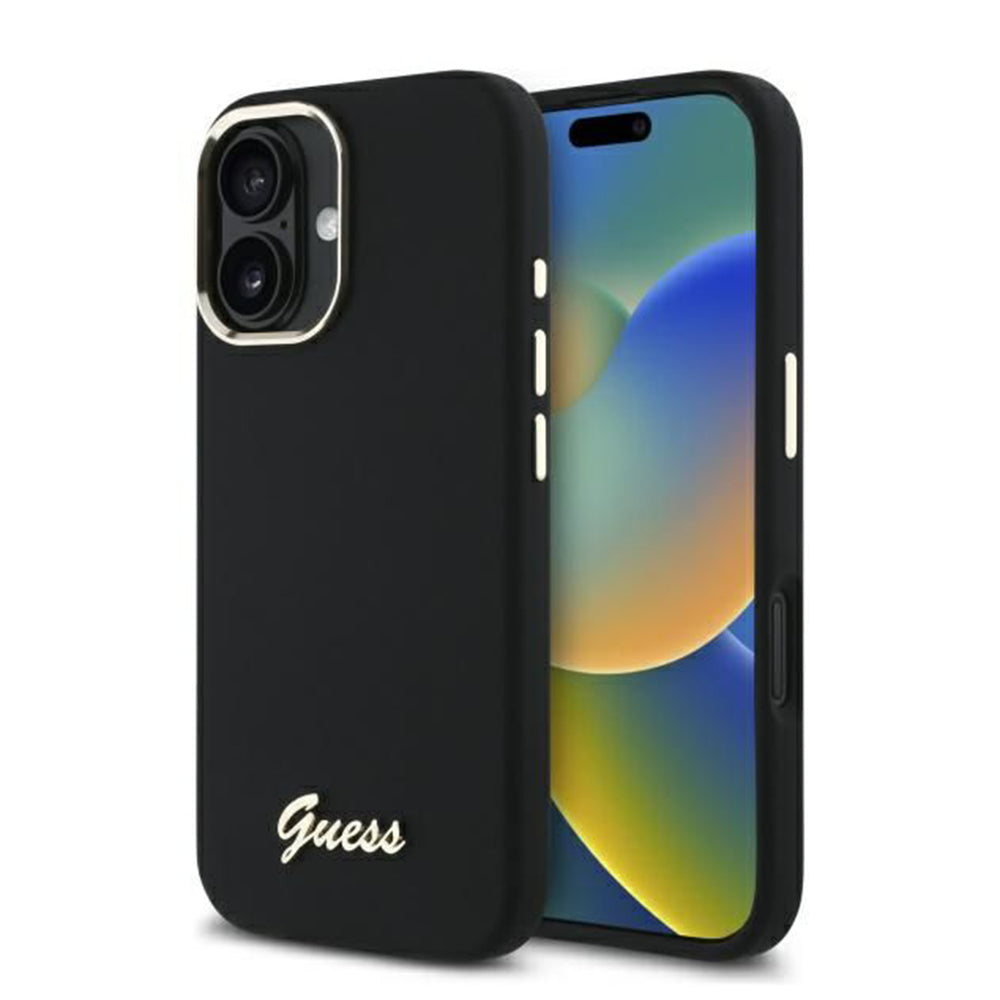 Husa pentru Apple iPhone 16 Plus, Guess, Script Metal Logo & Frame, Neagra