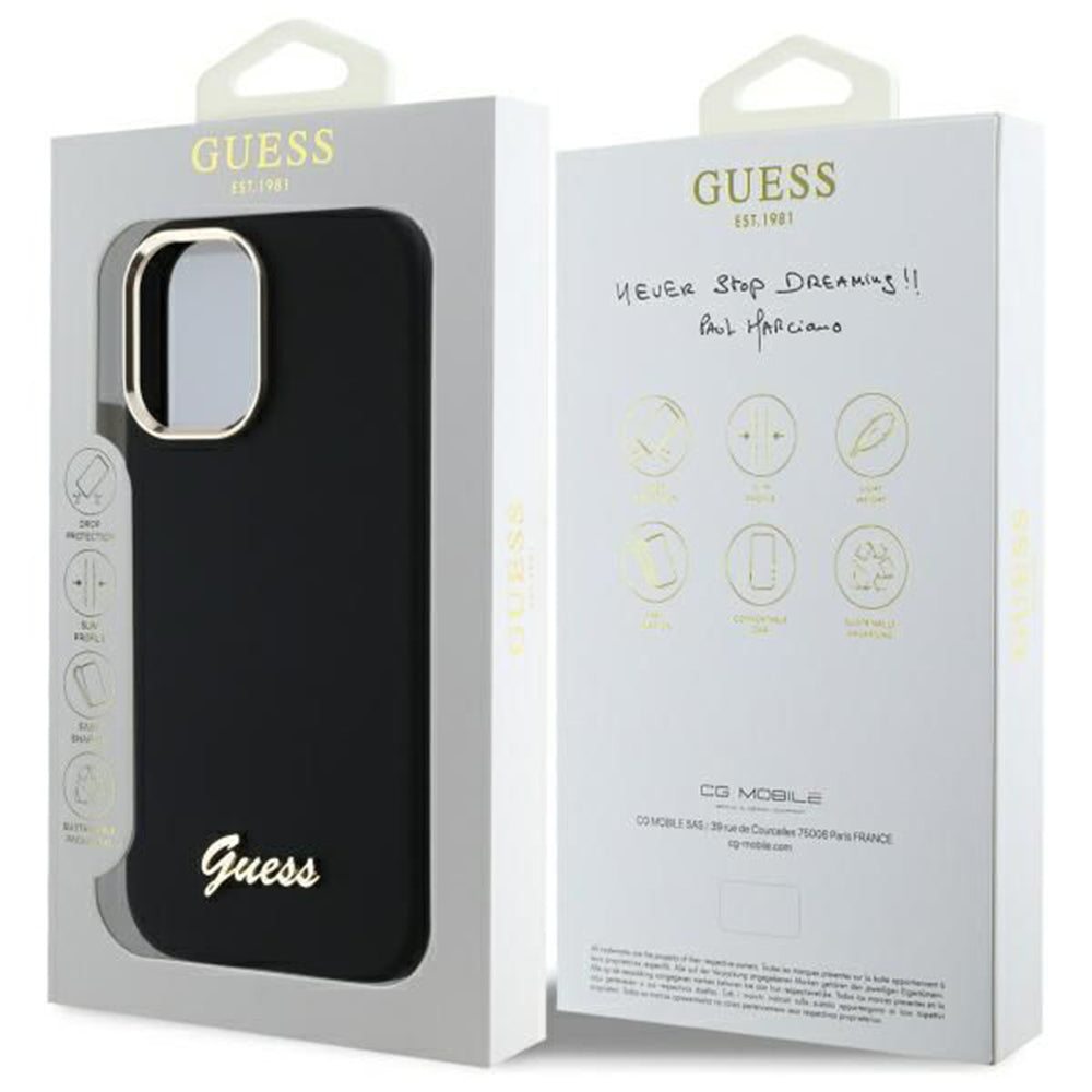 Husa pentru Apple iPhone 16 Plus, Guess, Script Metal Logo & Frame, Neagra
