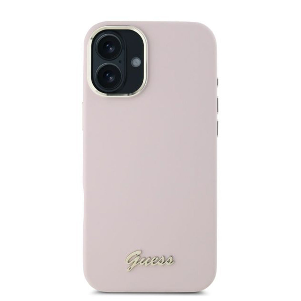 Husa pentru Apple iPhone 16 Plus, Guess, Script Metal Logo & Frame, Roz