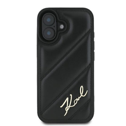 Husa pentru Apple iPhone 16 Plus, Karl Lagerfeld, Diagonal Quilted Script, Neagra