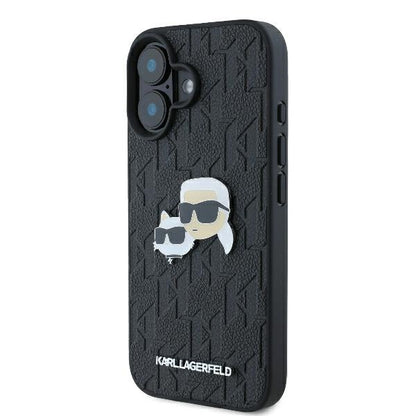 Husa pentru Apple iPhone 16 Plus, Karl Lagerfeld, Monogram Karl & Choupette's Heads, Neagra