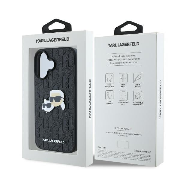 Husa pentru Apple iPhone 16 Plus, Karl Lagerfeld, Monogram Karl & Choupette's Heads, Neagra