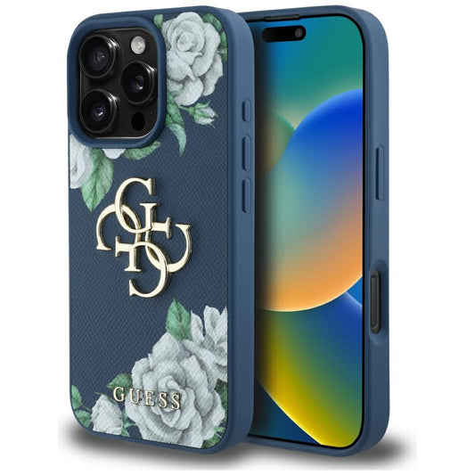 Husa pentru Apple iPhone 16 Pro, Guess, 4G Grained Roses Big Logo, Albastra