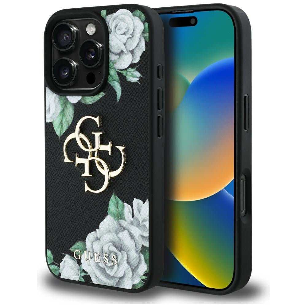 Husa pentru Apple iPhone 16 Pro, Guess, 4G Grained Roses Big Logo, Neagra
