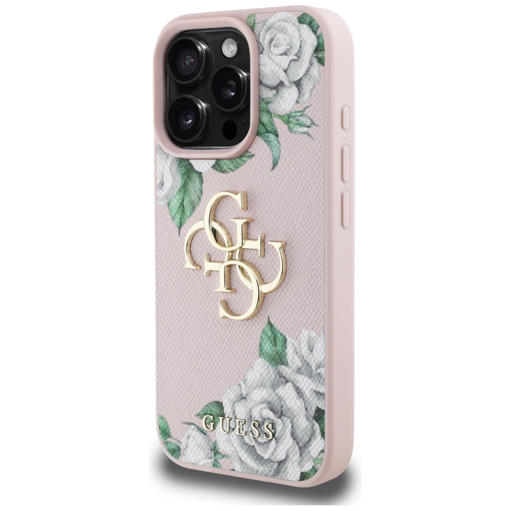 Husa pentru Apple iPhone 16 Pro, Guess, 4G Grained Roses Big Logo, Roz