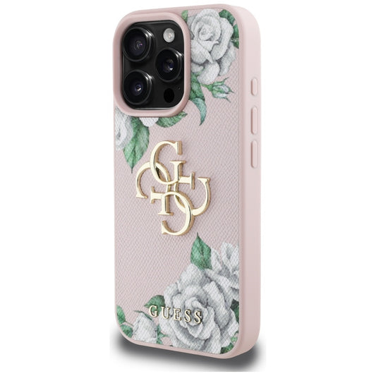 Husa pentru Apple iPhone 16 Pro, Guess, 4G Grained Roses Big Logo, Roz