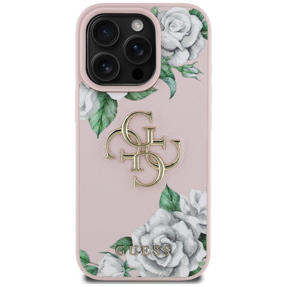 Husa pentru Apple iPhone 16 Pro, Guess, 4G Grained Roses Big Logo, Roz