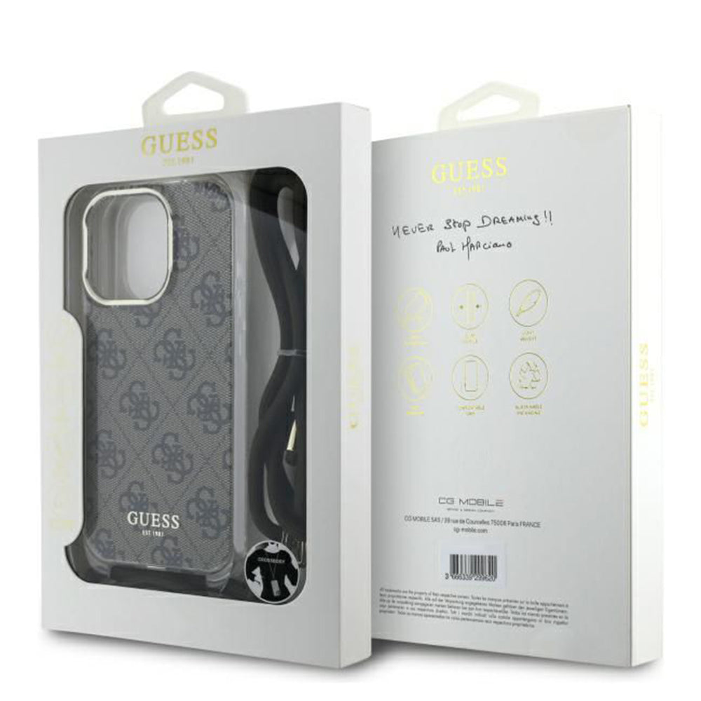 Husa pentru Apple iPhone 16 Pro, Guess, Crossbody Cord 4G Print, Maro