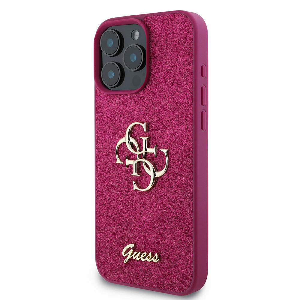 Husa pentru Apple iPhone 16 Pro, Guess, Glitter Big 4G Script, Magenta