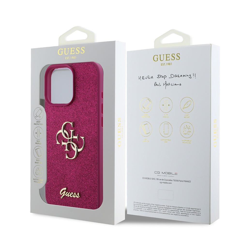 Husa pentru Apple iPhone 16 Pro, Guess, Glitter Big 4G Script, Magenta