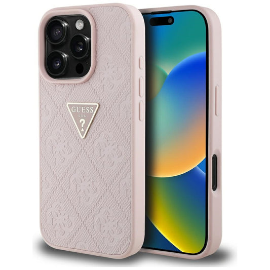 Husa pentru Apple iPhone 16 Pro, Guess, Hot Stamp 4G Pattern Triangle Logo, Roz