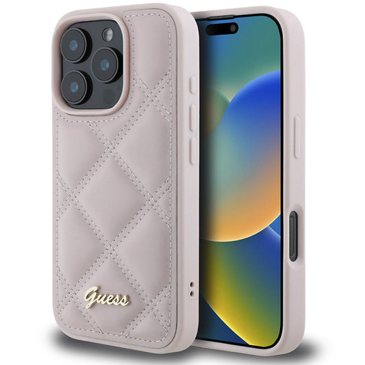 Husa pentru Apple iPhone 16 Pro, Guess, Quilted Metal Logo, Roz