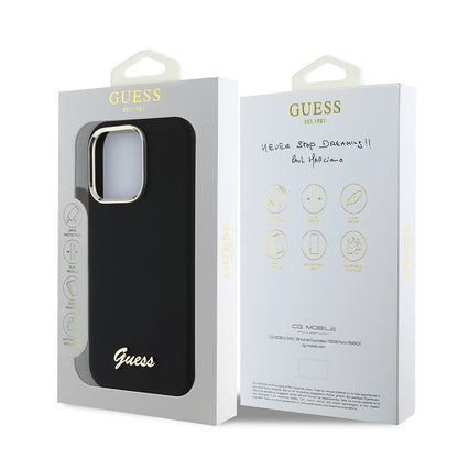 Husa pentru Apple iPhone 16 Pro, Guess, Script Metal Logo & Frame, Neagra