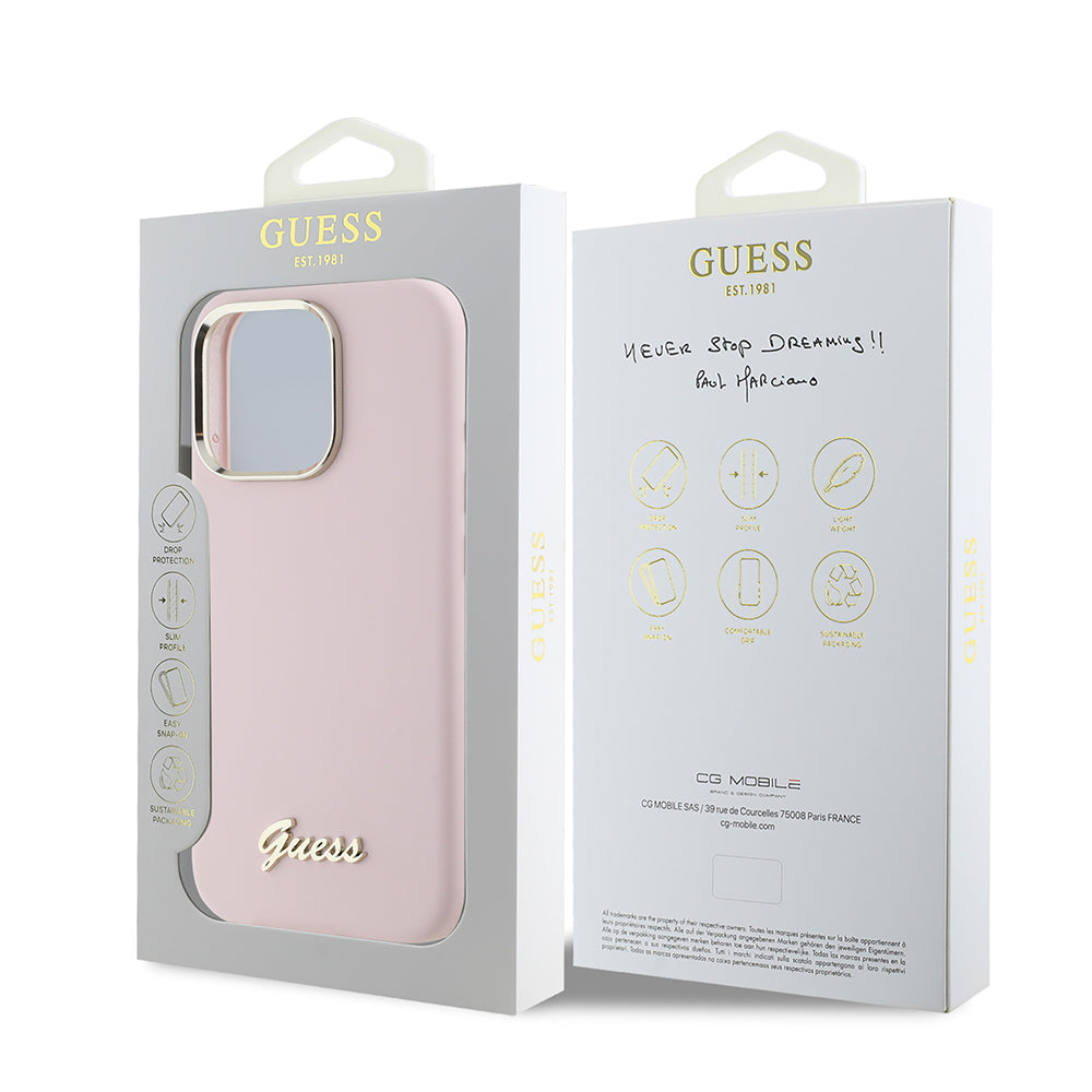 Husa pentru Apple iPhone 16 Pro, Guess, Script Metal Logo & Frame, Roz