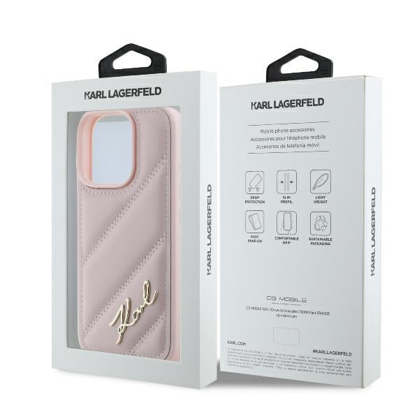 Husa pentru Apple iPhone 16 Pro, Karl Lagerfeld, Diagonal Quilted Script, Roz