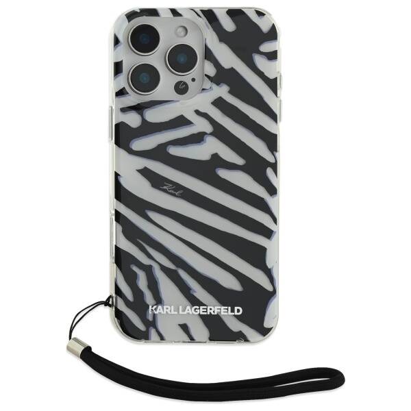 Husa pentru Apple iPhone 16 Pro, Karl Lagerfeld, IML Luxury Zebra Pattern with Strap, Neagra