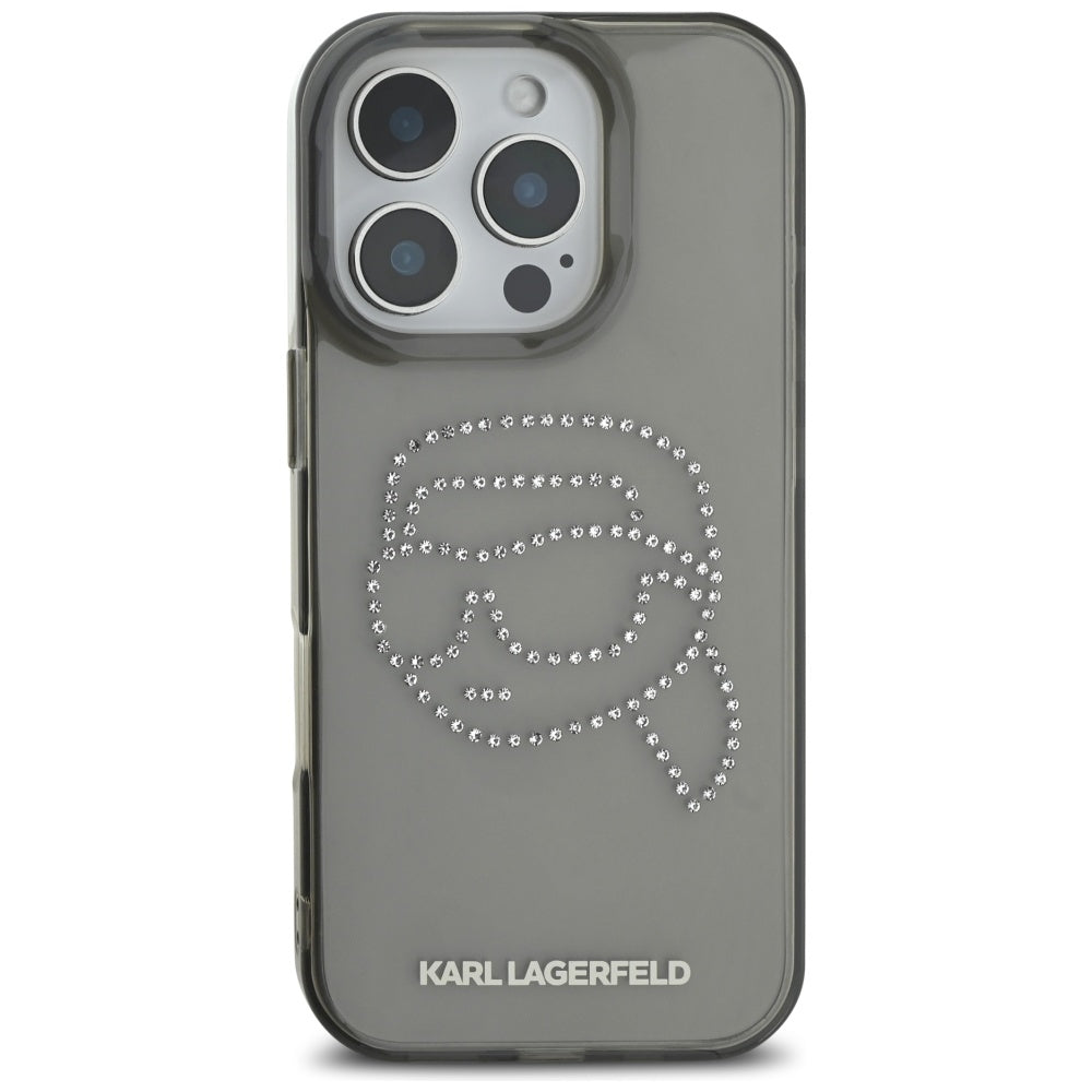 Husa pentru Apple iPhone 16 Pro, Karl Lagerfeld, IML Rhinestones Karl's Head, Neagra