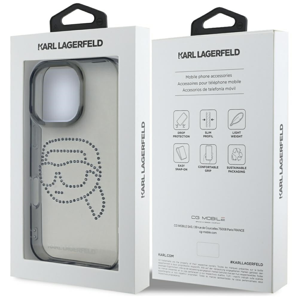 Husa pentru Apple iPhone 16 Pro, Karl Lagerfeld, IML Rhinestones Karl's Head, Neagra