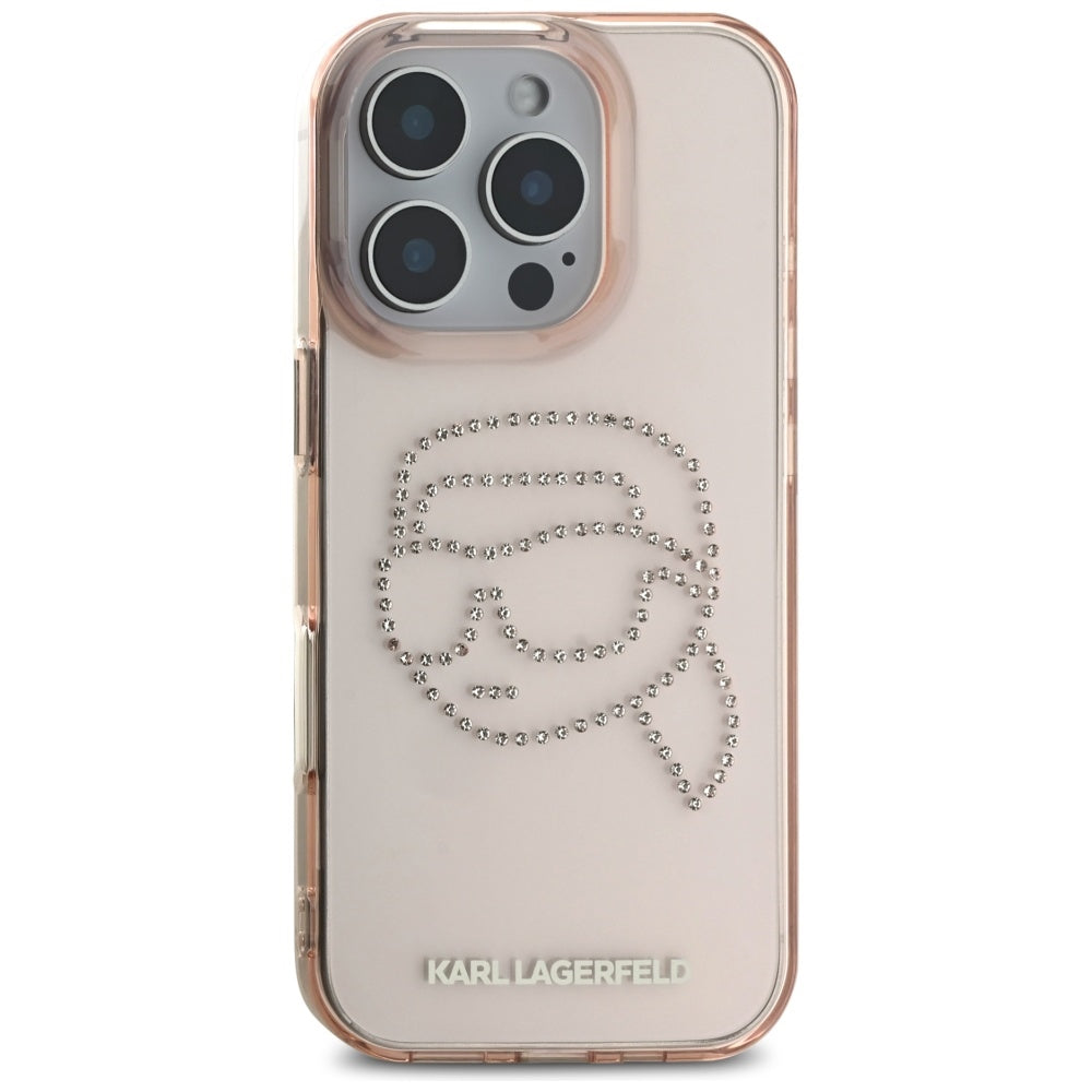 Husa pentru Apple iPhone 16 Pro, Karl Lagerfeld, IML Rhinestones Karl's Head, Roz