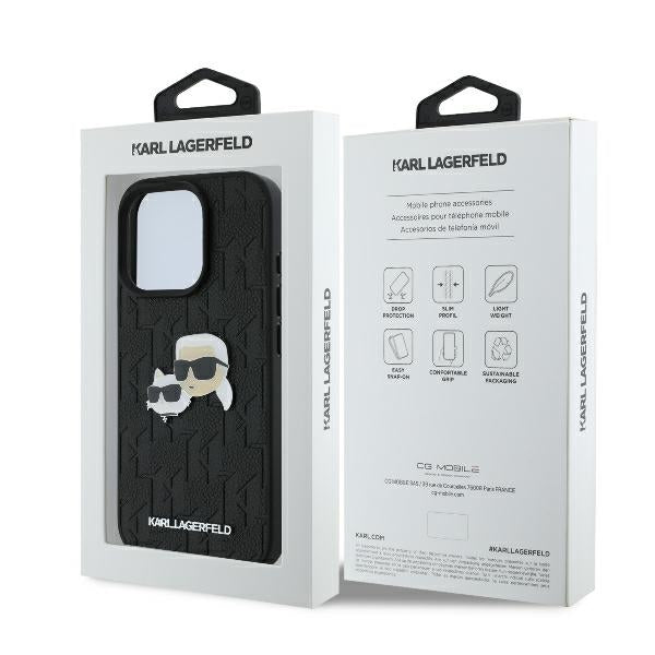 Husa pentru Apple iPhone 16 Pro, Karl Lagerfeld, Monogram Karl & Choupette's Heads, Neagra